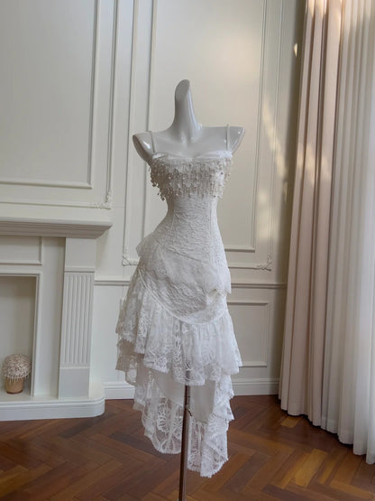 Eelgant Spaghetti Straps White Homecoming Dress Beading Sequins A-Line Birthday Dress GG5948
