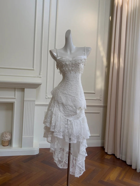 Eelgant Spaghetti Straps White Homecoming Dress Beading Sequins A-Line Birthday Dress GG5948