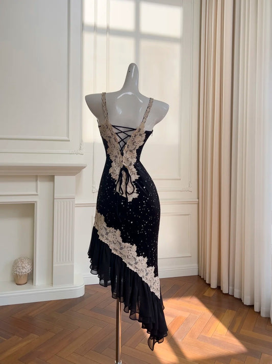 Romantic Spaghetti Straps Black Homecoming Dress Sequins Lace Mermaid Birthday Dress GG5949