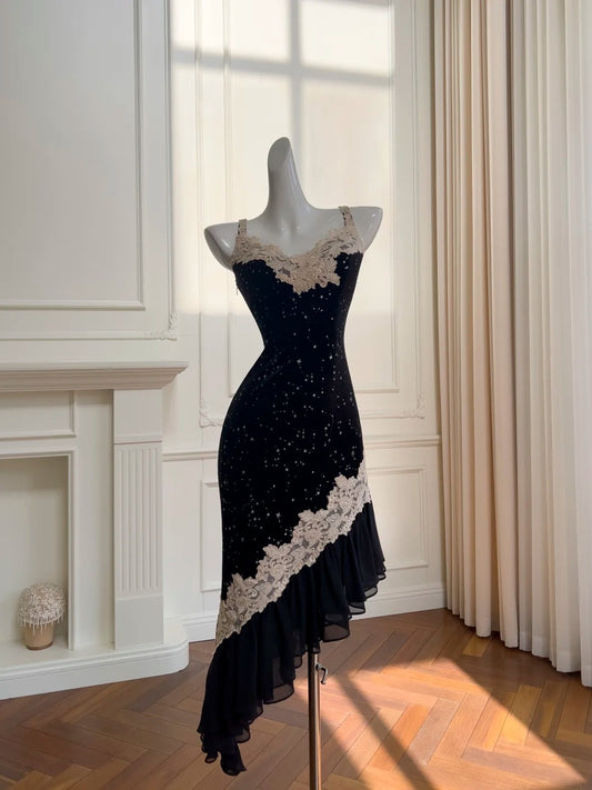 Romantic Spaghetti Straps Black Homecoming Dress Sequins Lace Mermaid Birthday Dress GG5949