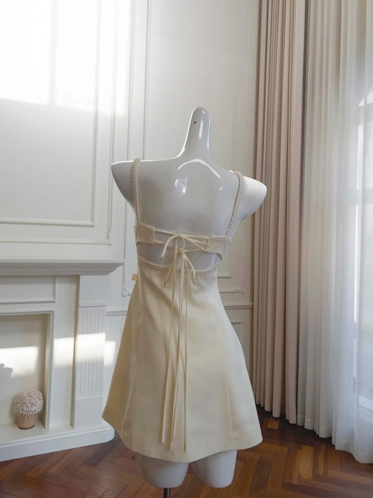 Elegant Ivory Homecoming Dress Floral Spaghetti Straps A-Line Birthday Dress GG5953