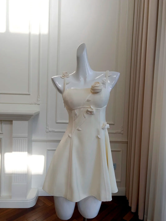 Elegant Ivory Homecoming Dress Floral Spaghetti Straps A-Line Birthday Dress GG5953