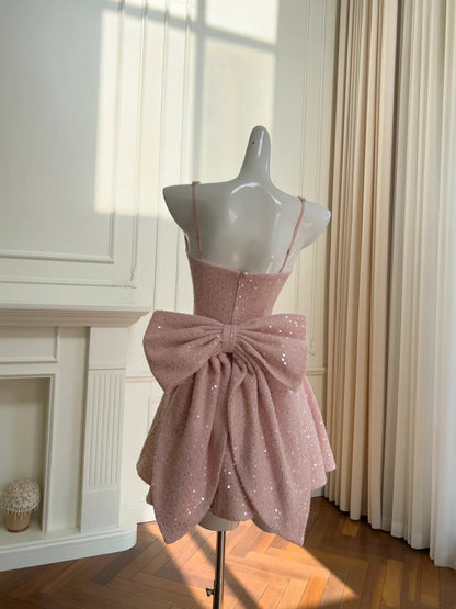 Sweet Pink Homecoming Dress Sequins Bow A-Line Birthday Dress GG5954