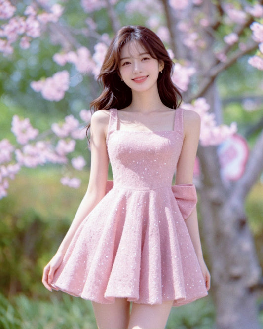 Sweet Pink Homecoming Dress Sequins Bow A-Line Birthday Dress GG5954