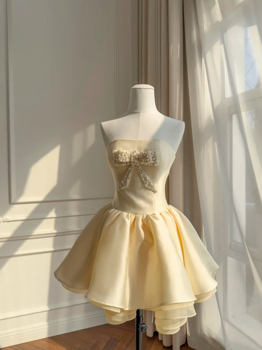 Cute Strapless Light Yellow Homecoming Dress Beading A-Line Birthday Dress GG5956
