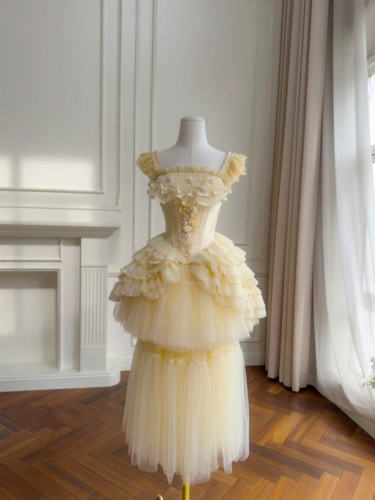 Adorable Square Neck Yellow Prom Dress Beading Tulle Evening Dress GG5959