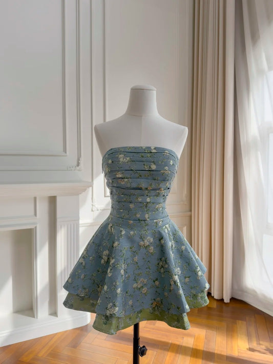 Elegant Strapless Pleated Blue Homecoming Dress Floral A-Line Birthday Dress GG5960