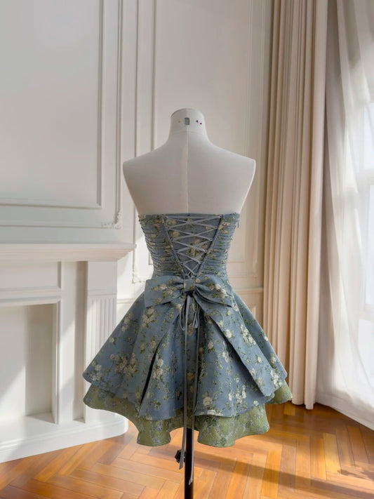 Elegant Strapless Pleated Blue Homecoming Dress Floral A-Line Birthday Dress GG5960