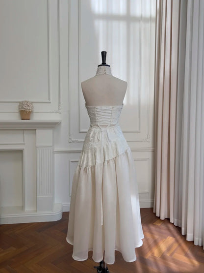 Graceful Ivory Halter Neck Prom Dress Jacquard Lace Evening Dress GG5963