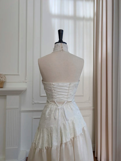 Graceful Ivory Halter Neck Prom Dress Jacquard Lace Evening Dress GG5963