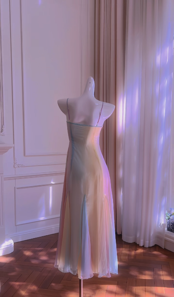Flowy Spaghetti Straps Prom Dress Rainbow A-Line Evening Dress GG5966