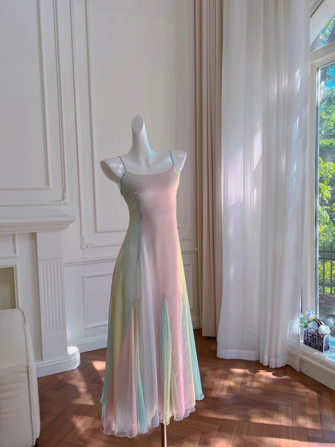 Flowy Spaghetti Straps Prom Dress Rainbow A-Line Evening Dress GG5966