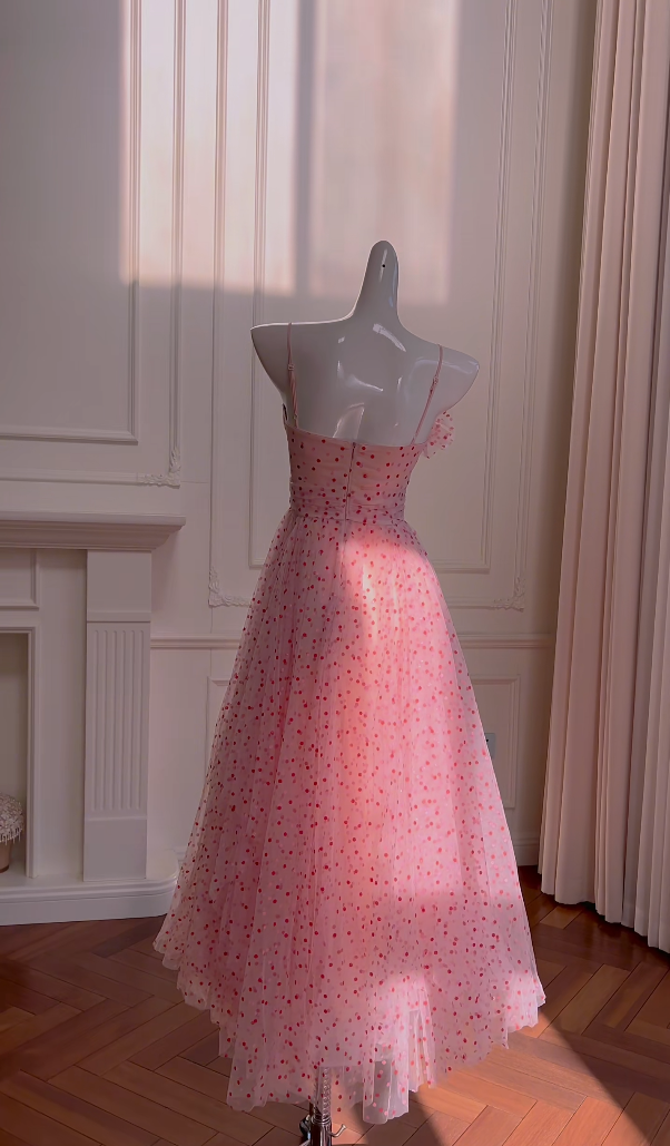 Adorable Spaghetti Straps Pink Prom Dress Polka Dots A-Line Evening Dress GG5967