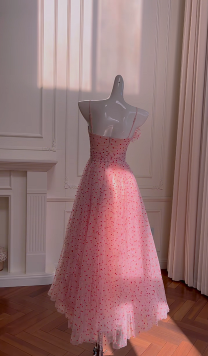 Adorable Spaghetti Straps Pink Prom Dress Polka Dots A-Line Evening Dress GG5967