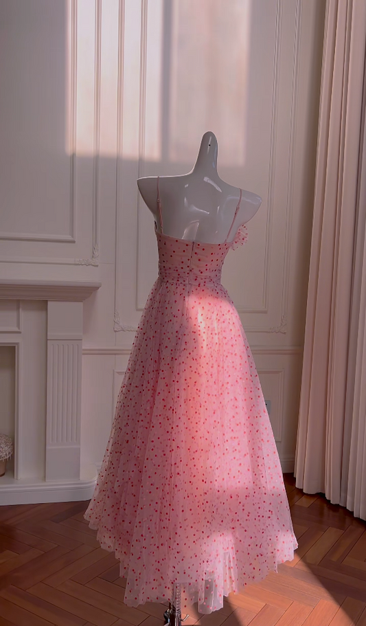 Adorable Spaghetti Straps Pink Prom Dress Polka Dots A-Line Evening Dress GG5967