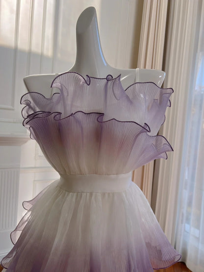 Unique Tiered Gradient Purple Homecoming Dress Strapless Pleated A-Line Birthday Dress GG5972