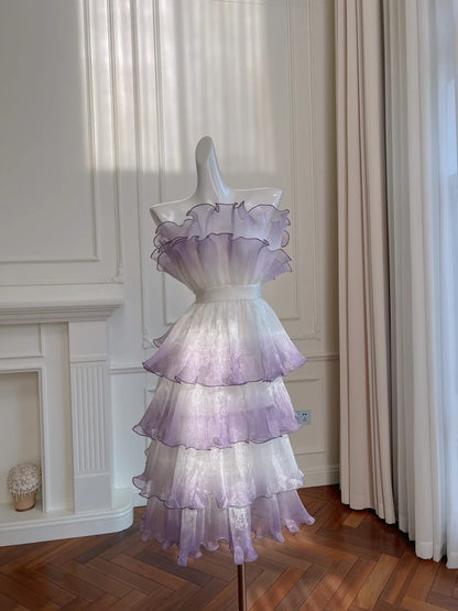 Unique Tiered Gradient Purple Homecoming Dress Strapless Pleated A-Line Birthday Dress GG5972
