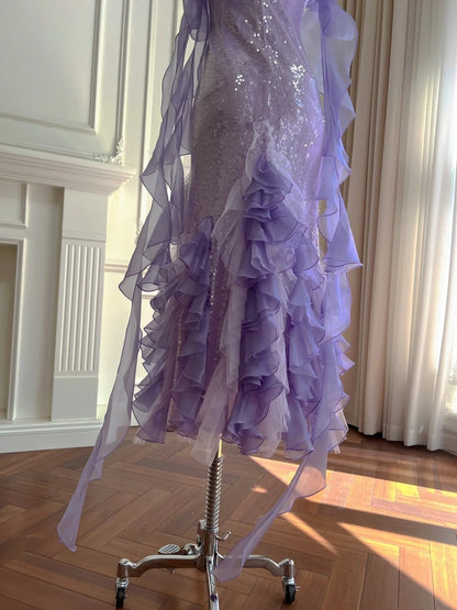 Romantic Off-the-Shoulder Purple Prom Dress Ruffles Sequins Sheath Evening Dress GG5973