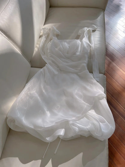 Chic Spaghetti Straps White Homecoming Dress Satin Birthday Dress GG5974