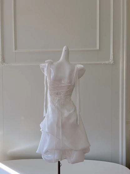 Chic Spaghetti Straps White Homecoming Dress Satin Birthday Dress GG5974