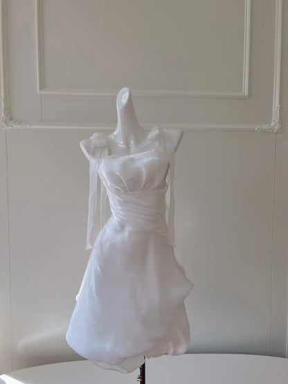 Chic Spaghetti Straps White Homecoming Dress Satin Birthday Dress GG5974