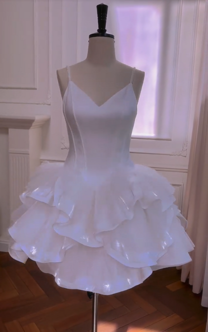 Elegant Spaghetti Straps White Homecoming Dress Sequins Ruffles A-Line Birthday Dress GG5977