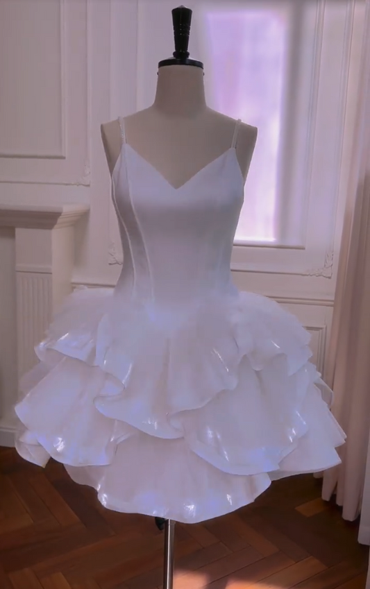 Elegant Spaghetti Straps White Homecoming Dress Sequins Ruffles A-Line Birthday Dress GG5977