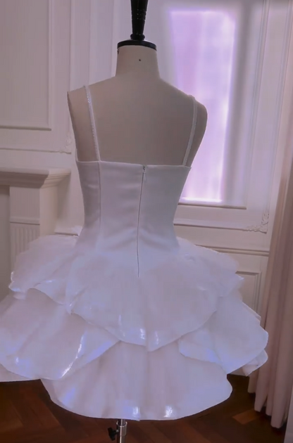 Elegant Spaghetti Straps White Homecoming Dress Sequins Ruffles A-Line Birthday Dress GG5977