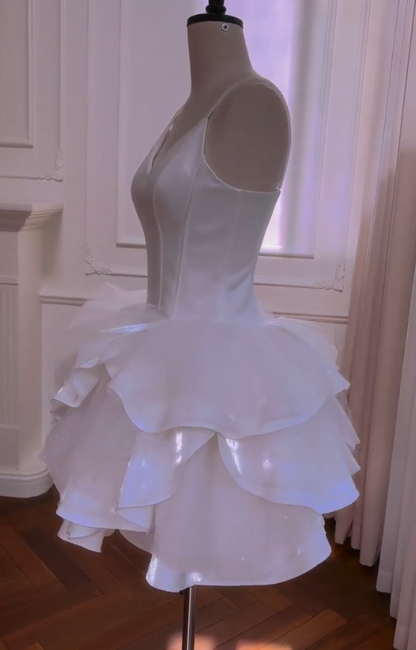 Elegant Spaghetti Straps White Homecoming Dress Sequins Ruffles A-Line Birthday Dress GG5977