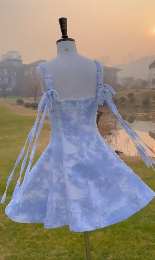 Cute Spaghetti Straps Beaded Homecoming Dress Blue A-Line Birthday Dress GG5978