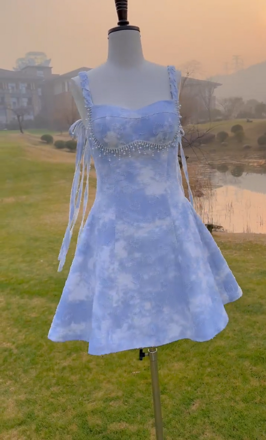 Cute Spaghetti Straps Beaded Homecoming Dress Blue A-Line Birthday Dress GG5978