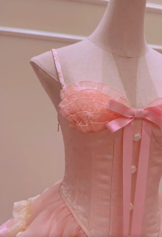 Sweet Spaghetti Straps Ruffles Pink Homecoming Dress Lace Tiered A-Line Birthday Dress GG5979