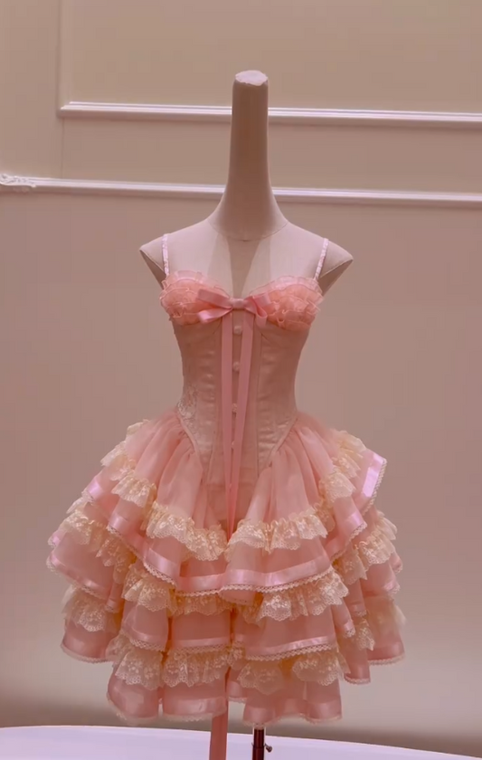 Sweet Spaghetti Straps Ruffles Pink Homecoming Dress Lace Tiered A-Line Birthday Dress GG5979