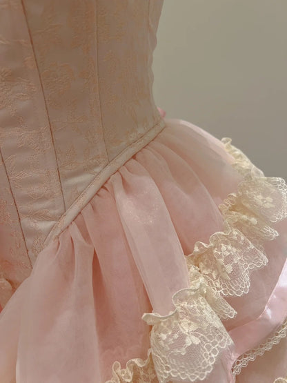 Sweet Spaghetti Straps Ruffles Pink Homecoming Dress Lace Tiered A-Line Birthday Dress GG5979