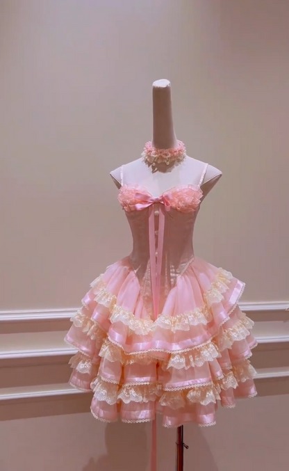 Sweet Spaghetti Straps Ruffles Pink Homecoming Dress Lace Tiered A-Line Birthday Dress GG5979