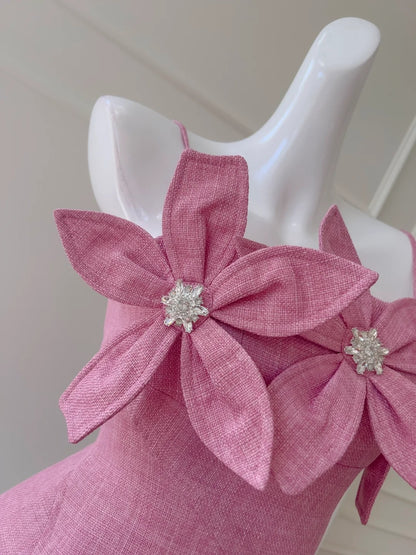 Modern Spaghetti Straps Pink Homecoming Dress Beaded Flowers A-Line Birthday Dress GG5981