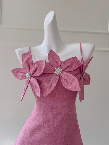 Modern Spaghetti Straps Pink Homecoming Dress Beaded Flowers A-Line Birthday Dress GG5981