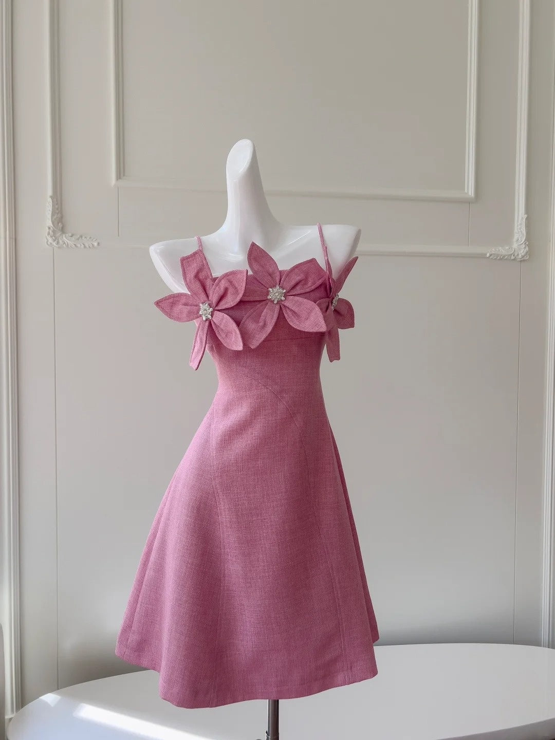 Modern Spaghetti Straps Pink Homecoming Dress Beaded Flowers A-Line Birthday Dress GG5981