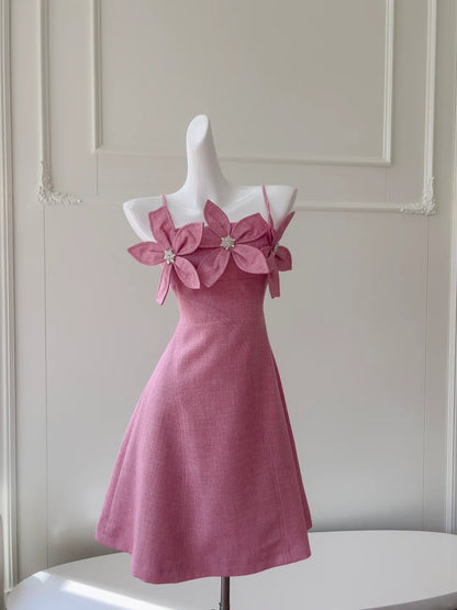 Modern Spaghetti Straps Pink Homecoming Dress Beaded Flowers A-Line Birthday Dress GG5981