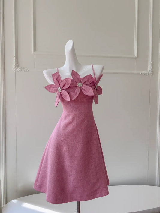 Modern Spaghetti Straps Pink Homecoming Dress Beaded Flowers A-Line Birthday Dress GG5981