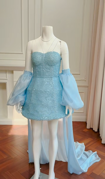 Glittering Spaghetti Straps Blue Homecoming Dress With Shawl Sequins A-Line Birthday Dress GG5982