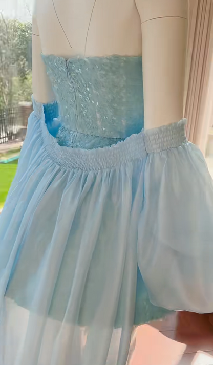 Glittering Spaghetti Straps Blue Homecoming Dress With Shawl Sequins A-Line Birthday Dress GG5982