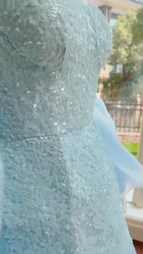 Glittering Spaghetti Straps Blue Homecoming Dress With Shawl Sequins A-Line Birthday Dress GG5982