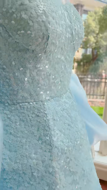 Glittering Spaghetti Straps Blue Homecoming Dress With Shawl Sequins A-Line Birthday Dress GG5982