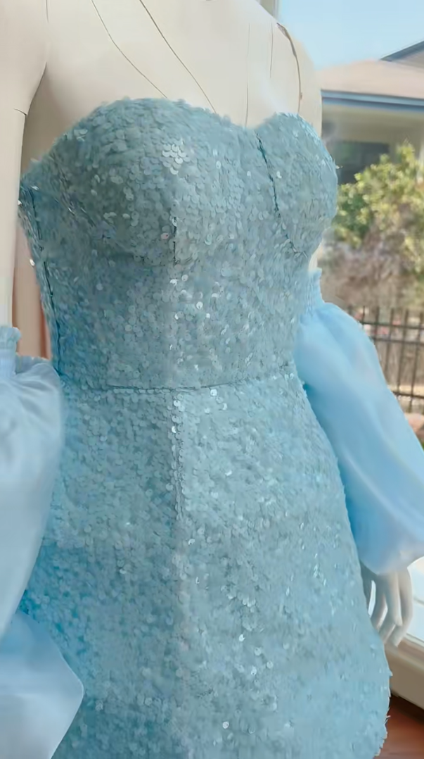 Glittering Spaghetti Straps Blue Homecoming Dress With Shawl Sequins A-Line Birthday Dress GG5982