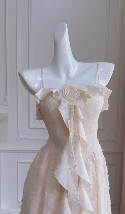 Elegant Spaghetti Straps Cream Homecoming Dress Lace Floral A-Line Birthday Dress GG5983