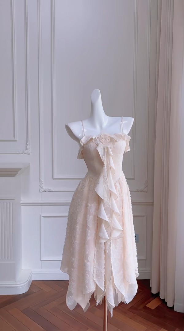 Elegant Spaghetti Straps Cream Homecoming Dress Lace Floral A-Line Birthday Dress GG5983
