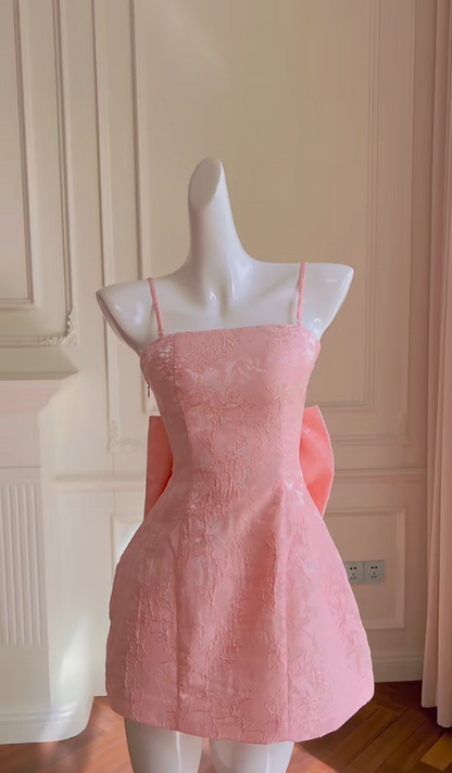Sweet Spaghetti Straps Pink Homecoming Dress Jacquard Bow A-Line Birthday Dress GG5984