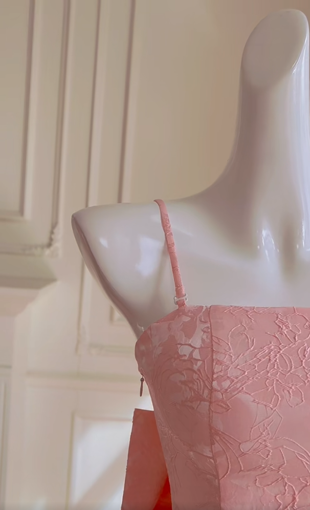 Sweet Spaghetti Straps Pink Homecoming Dress Jacquard Bow A-Line Birthday Dress GG5984