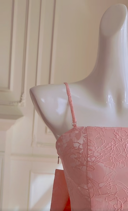 Sweet Spaghetti Straps Pink Homecoming Dress Jacquard Bow A-Line Birthday Dress GG5984